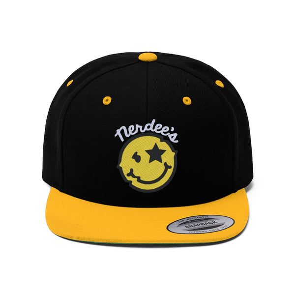 Nerdee's Official logo (WHT/Gold/BLK) - Unisex Flat Bill Hat