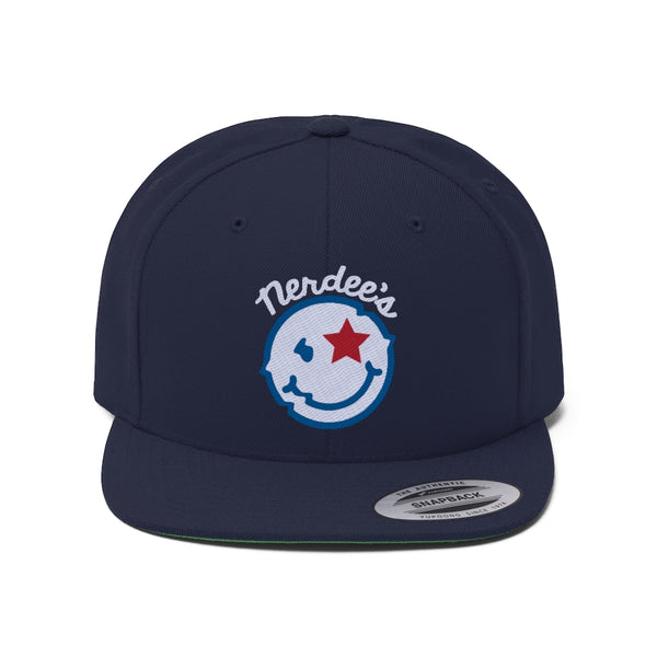Nerdee's Official logo (WHT/BLU/RED) - Unisex Flat Bill Hat