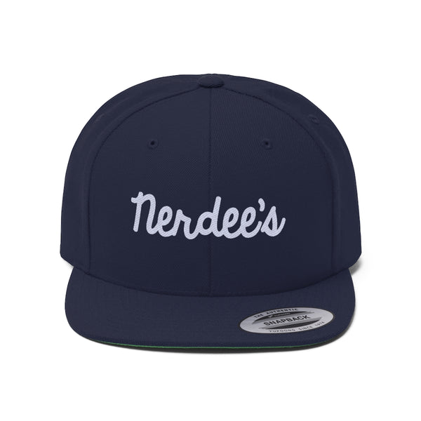 Nerdee's Script Logo (White) - Unisex Flat Bill Hat