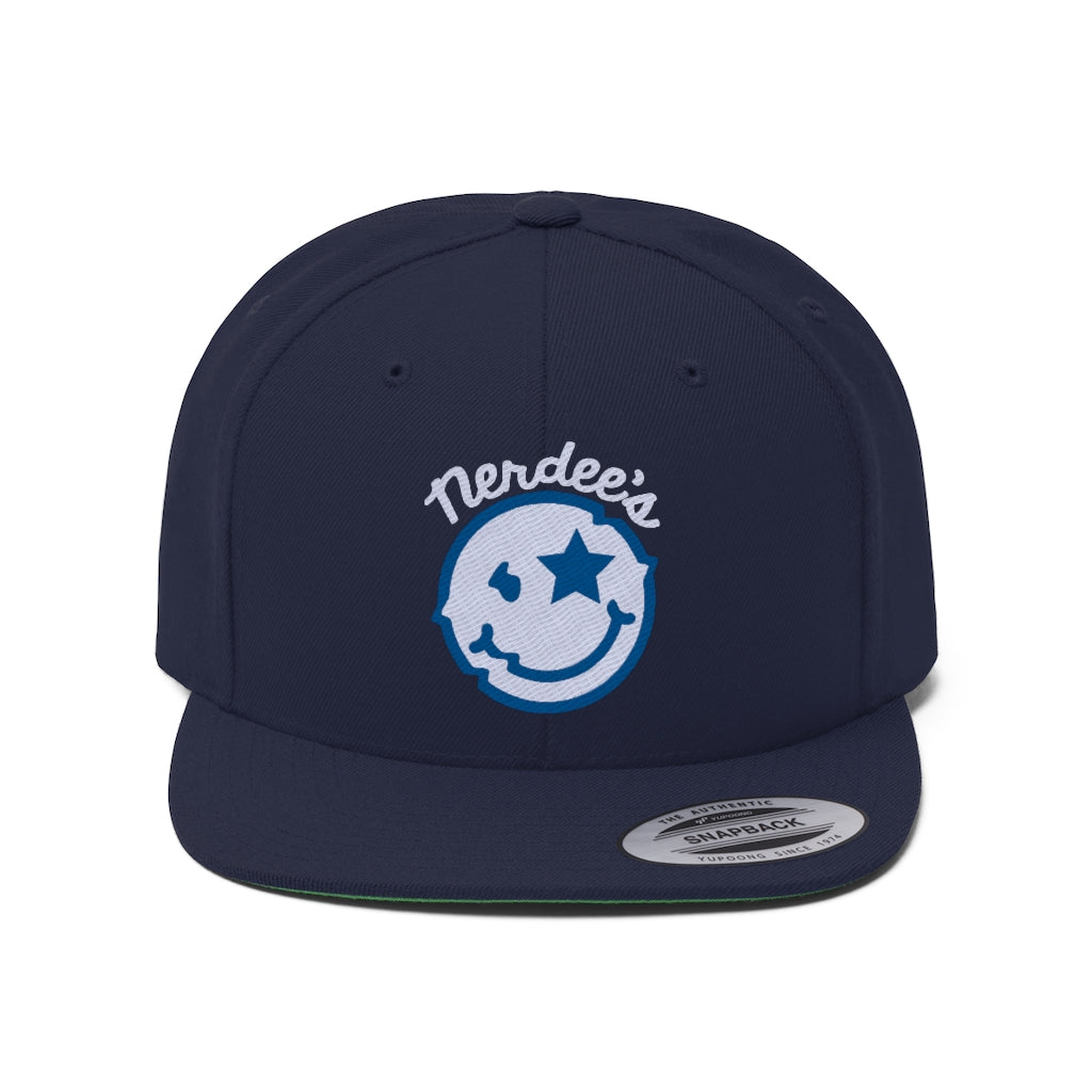 Nerdee's Official logo (WHT/BLU) - Unisex Flat Bill Hat