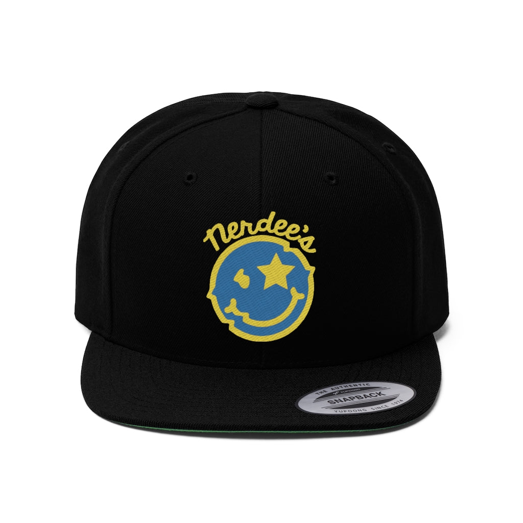 Nerdee's Official logo (GOLD/LTBLU) - Unisex Flat Bill Hat