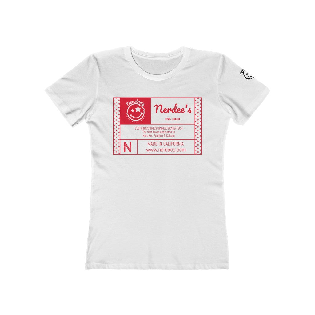 Nerdee's "Made in Cali" (Red design 01) w/ sleeve Logo - Women's The Boyfriend Tee
