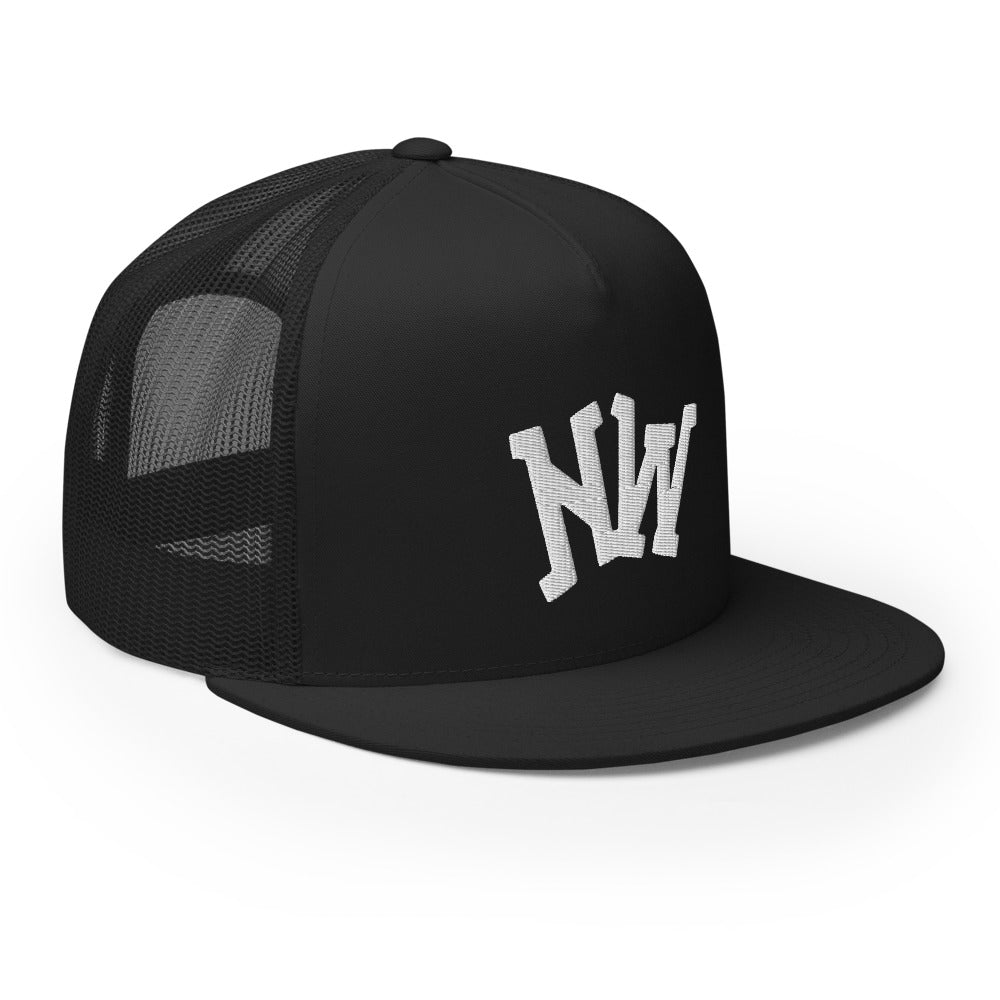 【NOT4NERD】2Devils Trucker Ball Cap - Black Flat Brim Black Hat - 