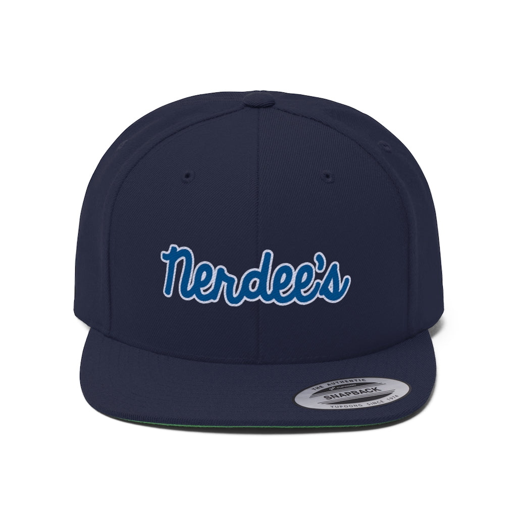 Nerdee's Script Logo (Blue/White) - Unisex Flat Bill Hat