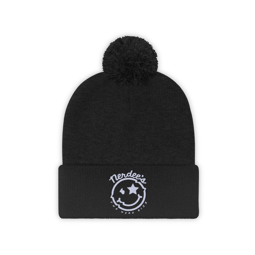 Nerdee's - The Nerd Bizz - "Mr. Smiley" Logo (White) -Pom Pom Beanie