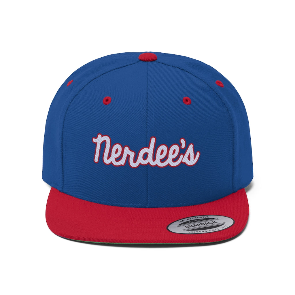 Nerdee's Script Logo (White/Red) - Unisex Flat Bill Hat