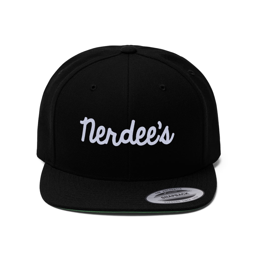 Nerdee's Script Logo (White) - Unisex Flat Bill Hat