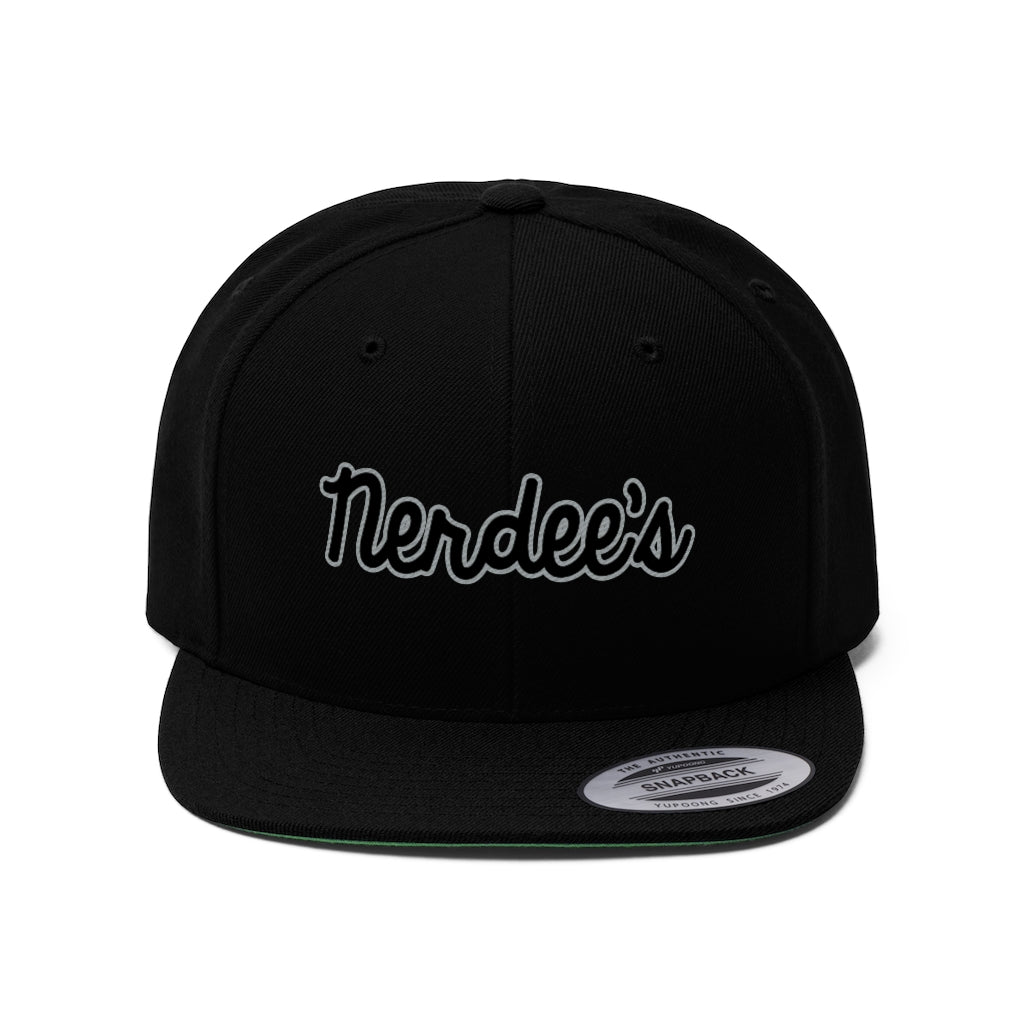 Nerdee's Script Logo (Blk/Silver, Navy/Silver))Unisex Flat Bill Hat