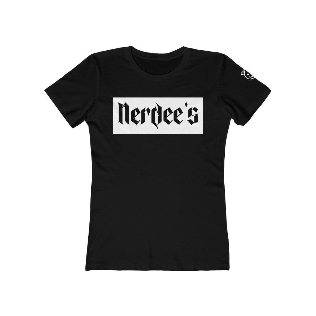 Nerdee's "White Label" w/ sleeve Logo - Women's The Boyfriend Tee