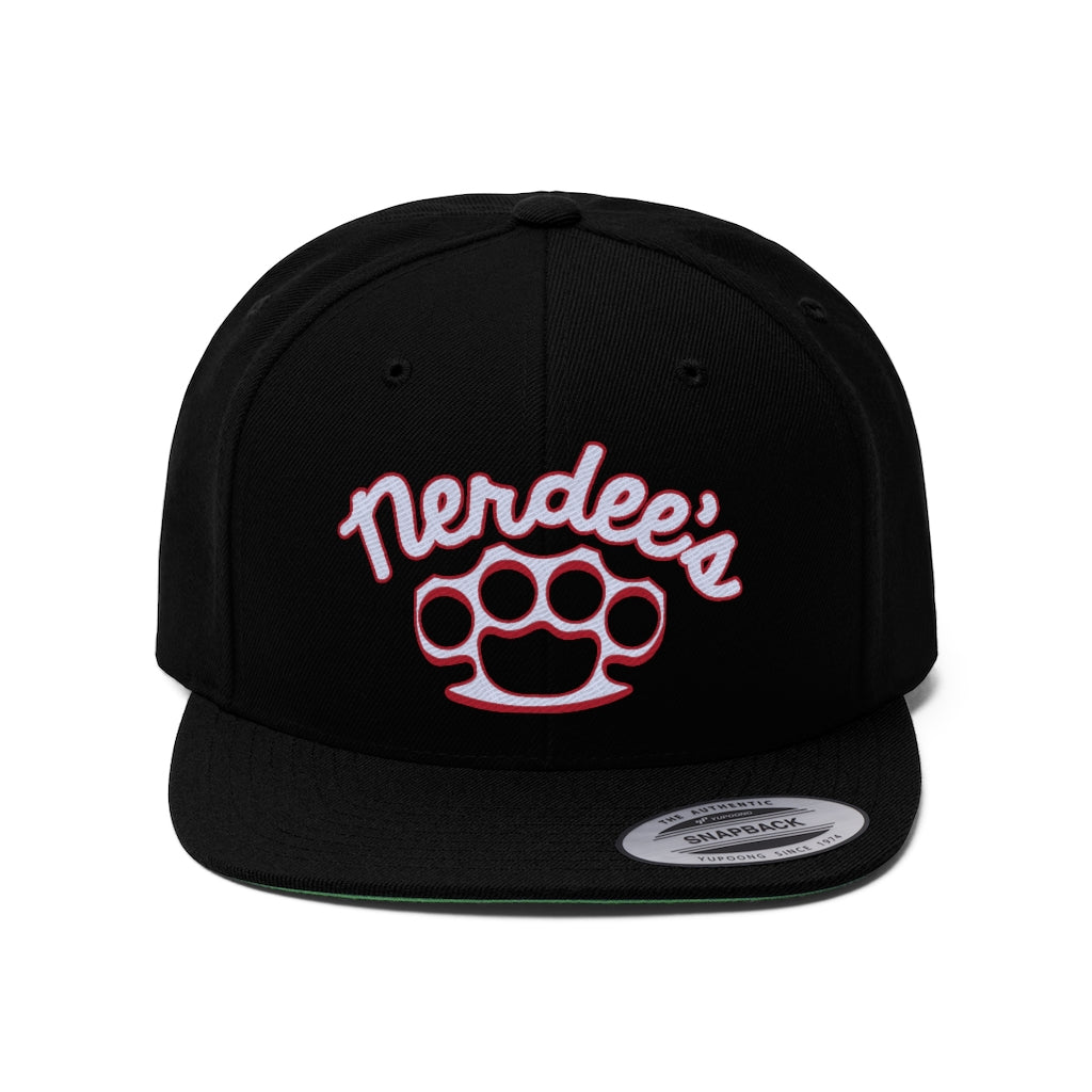 Nerdee's Brass Knuckles (WHT/RED Design 02) - Unisex Flat Bill Hat