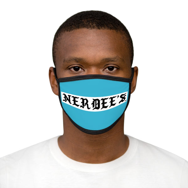 Nerdee's -  Old English White Banner - (WHT Design 01) - Mixed-Fabric Face Mask (Adult Large Fit) - Aqua