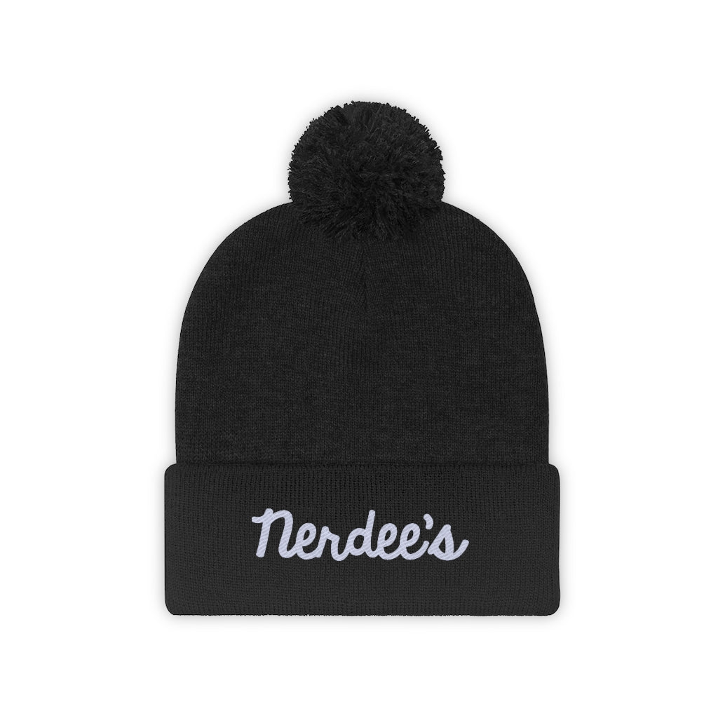 Nerdee's Script Logo (White) - Pom Pom Beanie