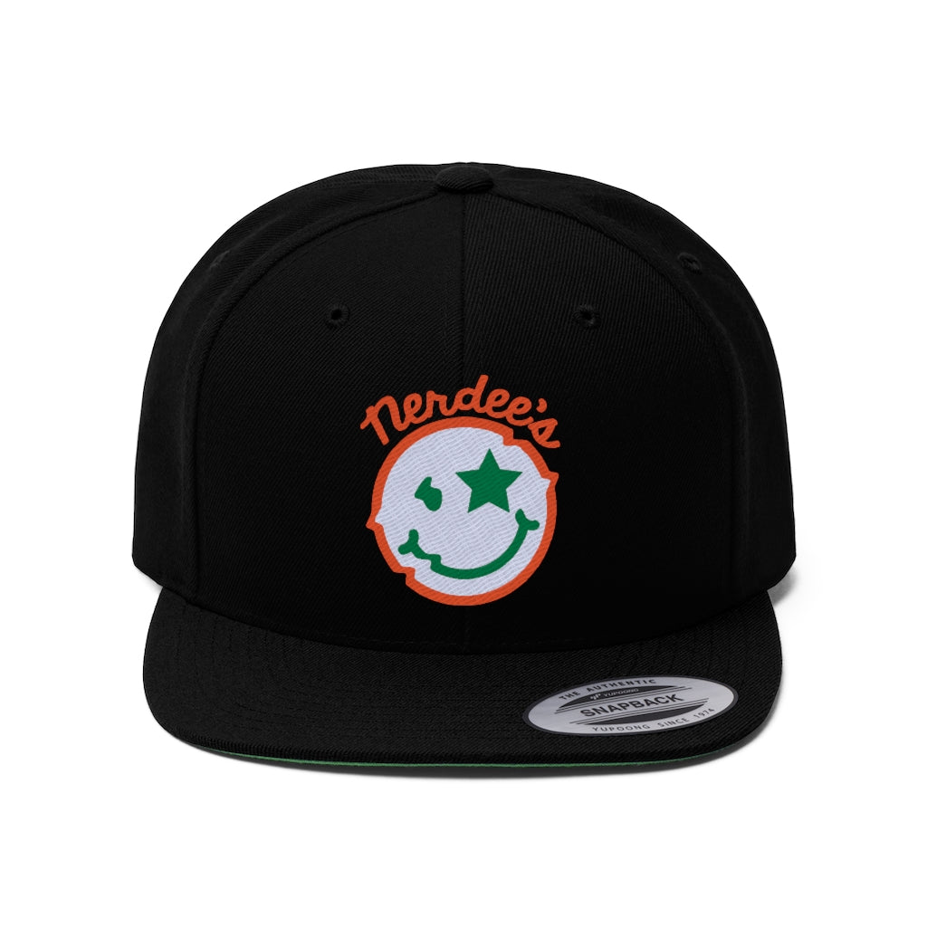 Nerdee's Official logo (ORG/WHT/GRN) - Unisex Flat Bill Hat