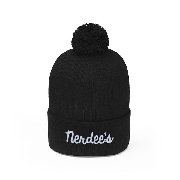 Nerdee's Script Logo (White) - Pom Pom Beanie