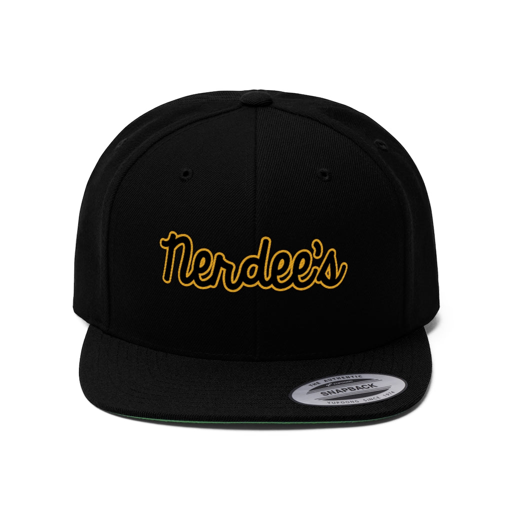 Nerdee's Script Logo (Blk/Gold) - Unisex Flat Bill Hat