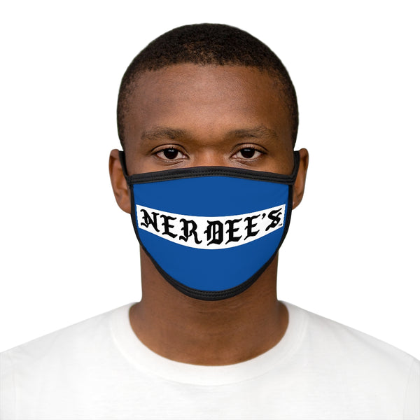 Nerdee's -  Old English White Banner - (WHT Design 01) - Mixed-Fabric Face Mask (Adult Large Fit) - Blue