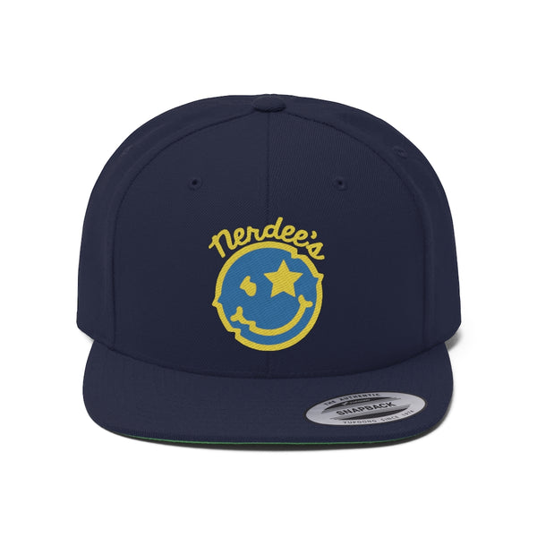 Nerdee's Official logo (GOLD/LTBLU) - Unisex Flat Bill Hat