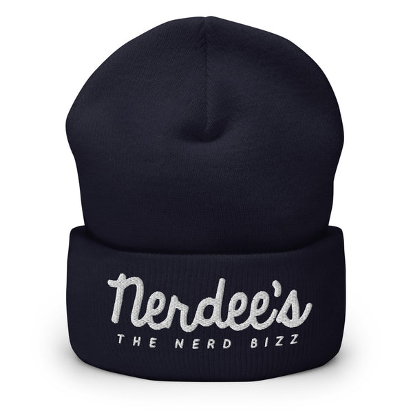 Nerdee's - The Nerd Bizz - Official Script Logo (White) - Cuffed Beanie