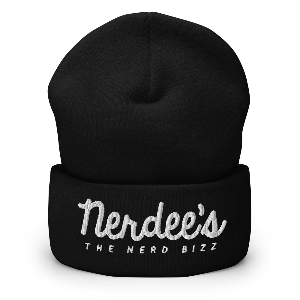 Nerdee's - The Nerd Bizz - Official Script Logo (White) - Cuffed Beanie