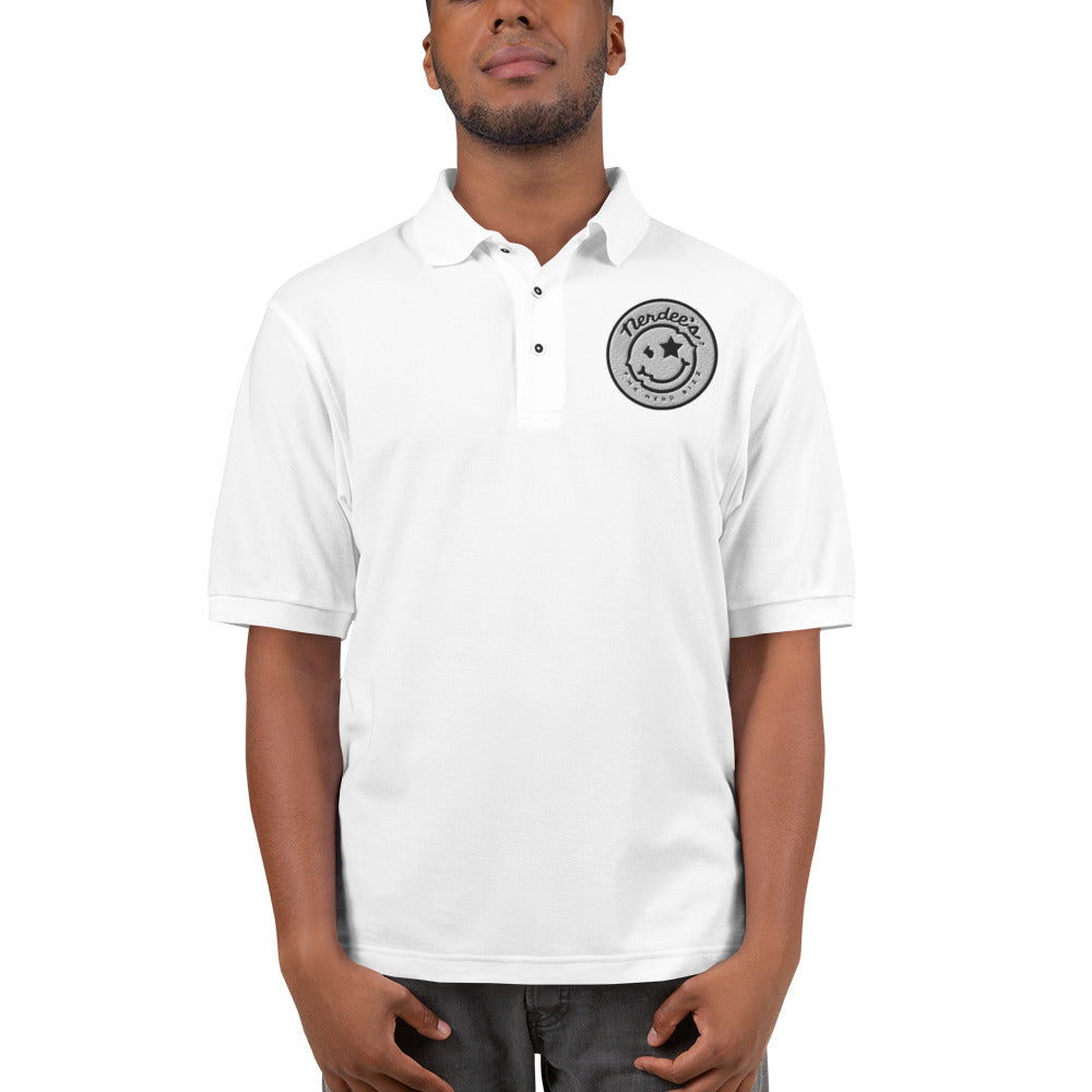 Nerdee's Round Emblem Logo (White) - Men's Premium Polo
